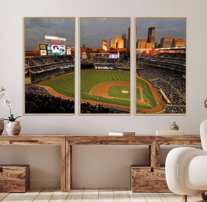 Baseball at Target Field, sunset game, city skyline view.