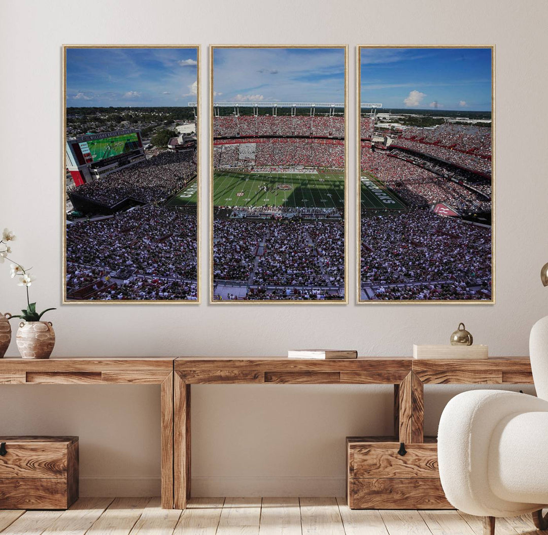 The wall art is a South Carolina Gamecocks print, showcasing Williams-Brice Stadium from a distance under clear skies.