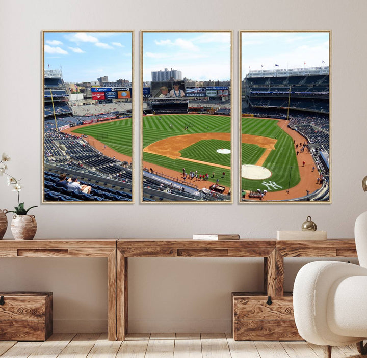 The living room features a Buffalo Bills Stadium wall art.