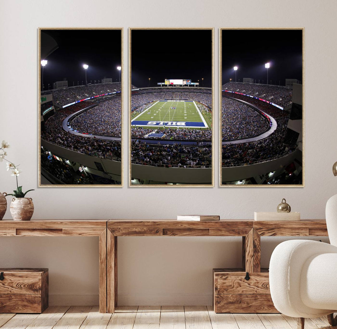 The Buffalo Bills NFL Highmark Stadium at night print captures the bright lights, conveying an exhilarating atmosphere.