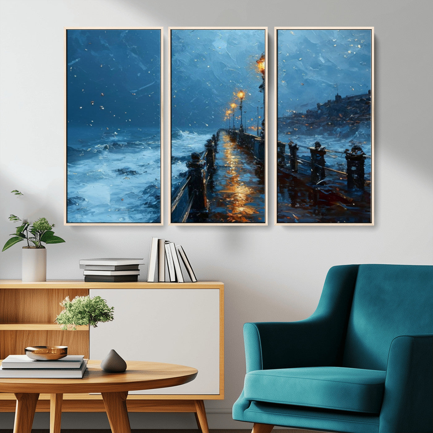 MGV-FC-48X32-3P - Stormy Night at Beach Pier Oil Painting Large Wall Art Print, Framed Canvas Nature Wall Decor,