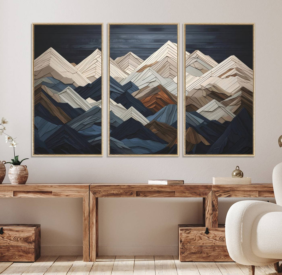 Wood Mountain Range Wall Art - Ready to Hang 3-Piece Set for Modern Rustic Decor, Abstract Wooden Design for Living Rooms Offices