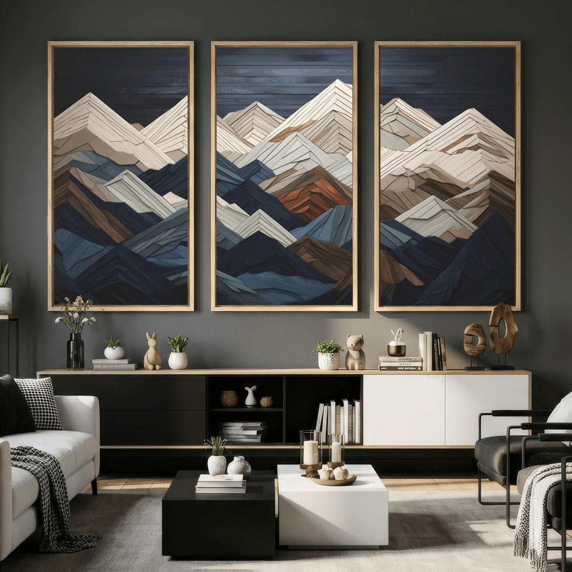 12896-MGV-CV-36X24 - Wood Mountain Range Wall Art - Ready to Hang 3-Piece Set for Modern Rustic Decor, Abstract Wooden