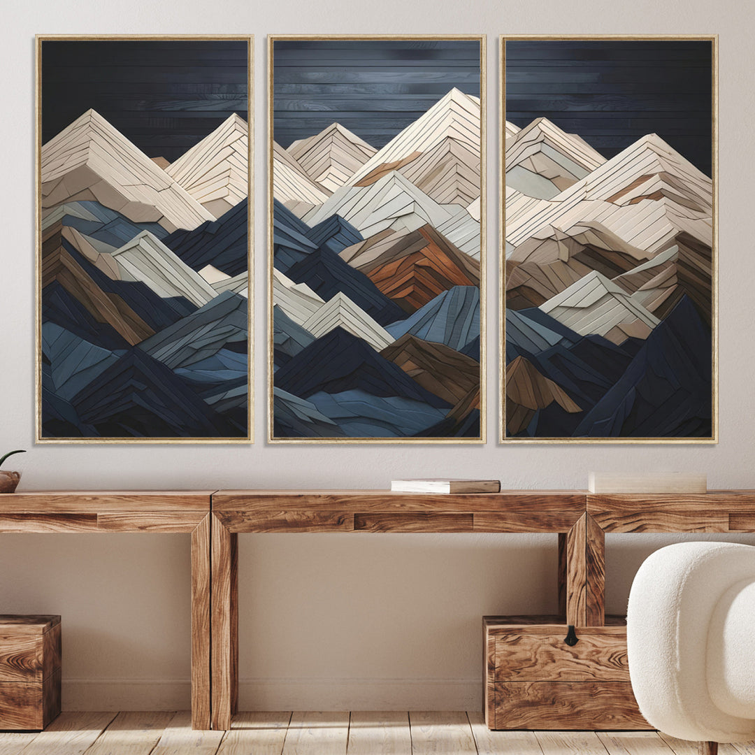 Rustic Mountain Landscape Wall Art Print - Wooden 3D Effect Mountain Canvas Print - Textured Peaks Wall Art for Cabin or Lodge Decor