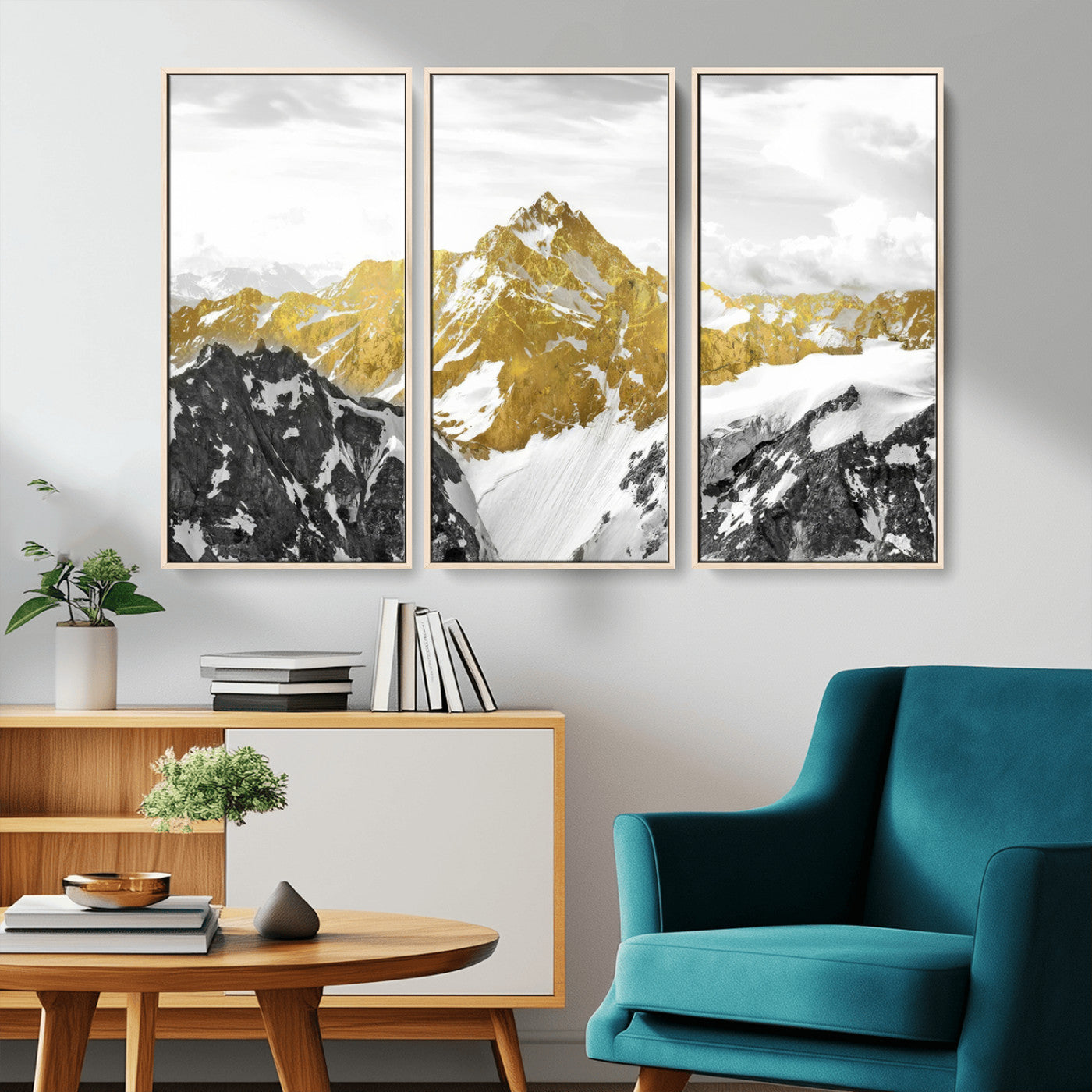 MGV-FC-48X32-3P - Gold Abstract Mountains Wall Art Print on Canvas, Nature Wall Art Print,