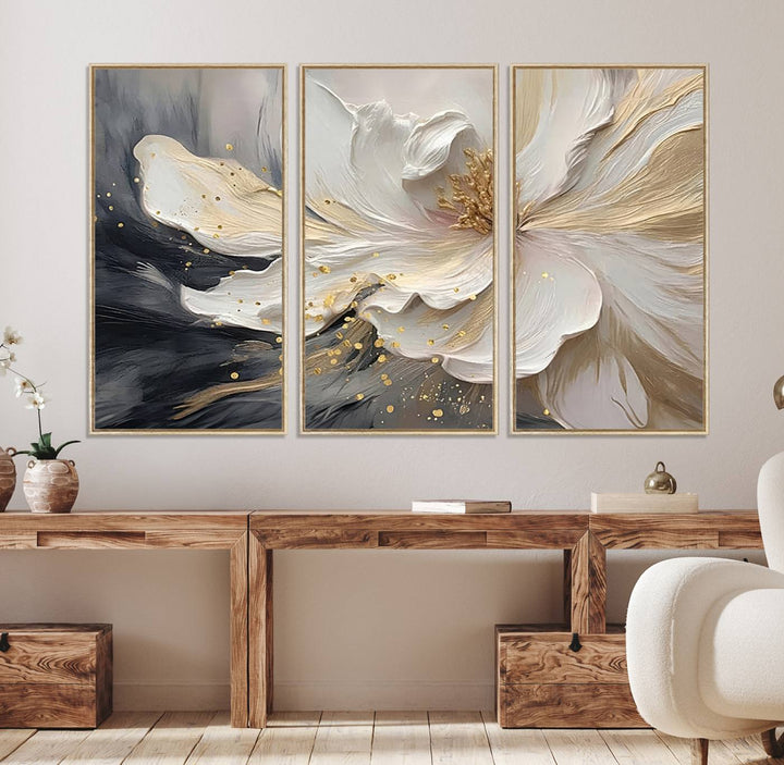 The abstract floral wall art canvas print features a large flower with gold accents.