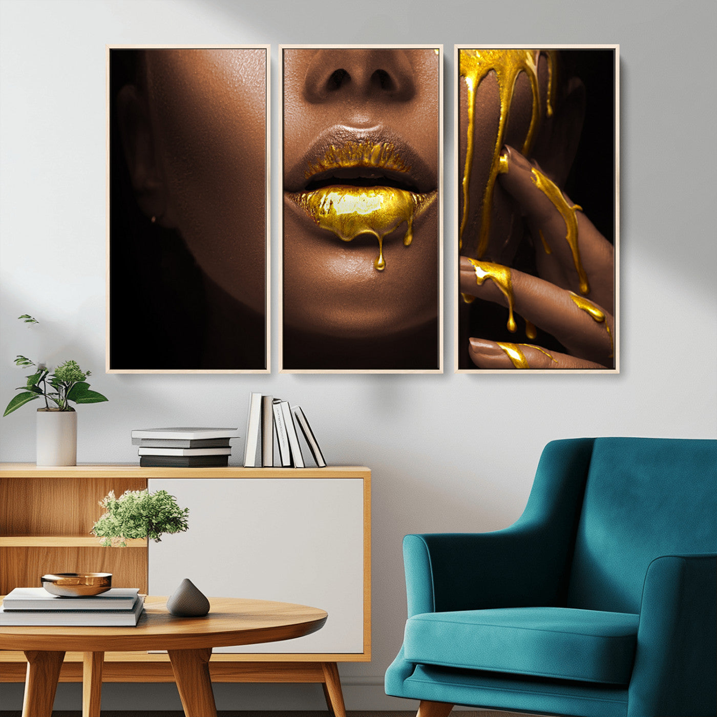 MGV-FC-48X32-3P - African American Art Black Woman Canvas Print, African Wall Art, Fashion African Woman Gold Lips