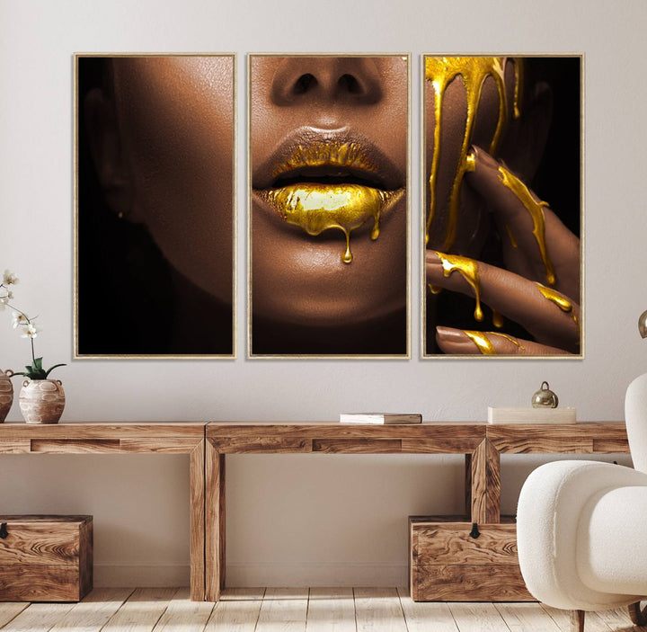 African American Art Canvas Print of a Black Woman with Gold Lips.