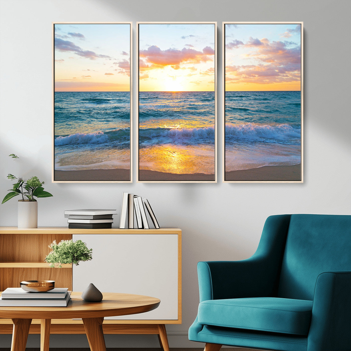 MGV-FC-48X32-3P - Golden Sunset Over Ocean Waves - Serene Coastal Triptych Wall Art for Relaxing Home Decor, Ready to