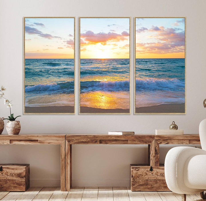 The Golden Sunset Over Ocean Waves painting depicts a vibrant sky.