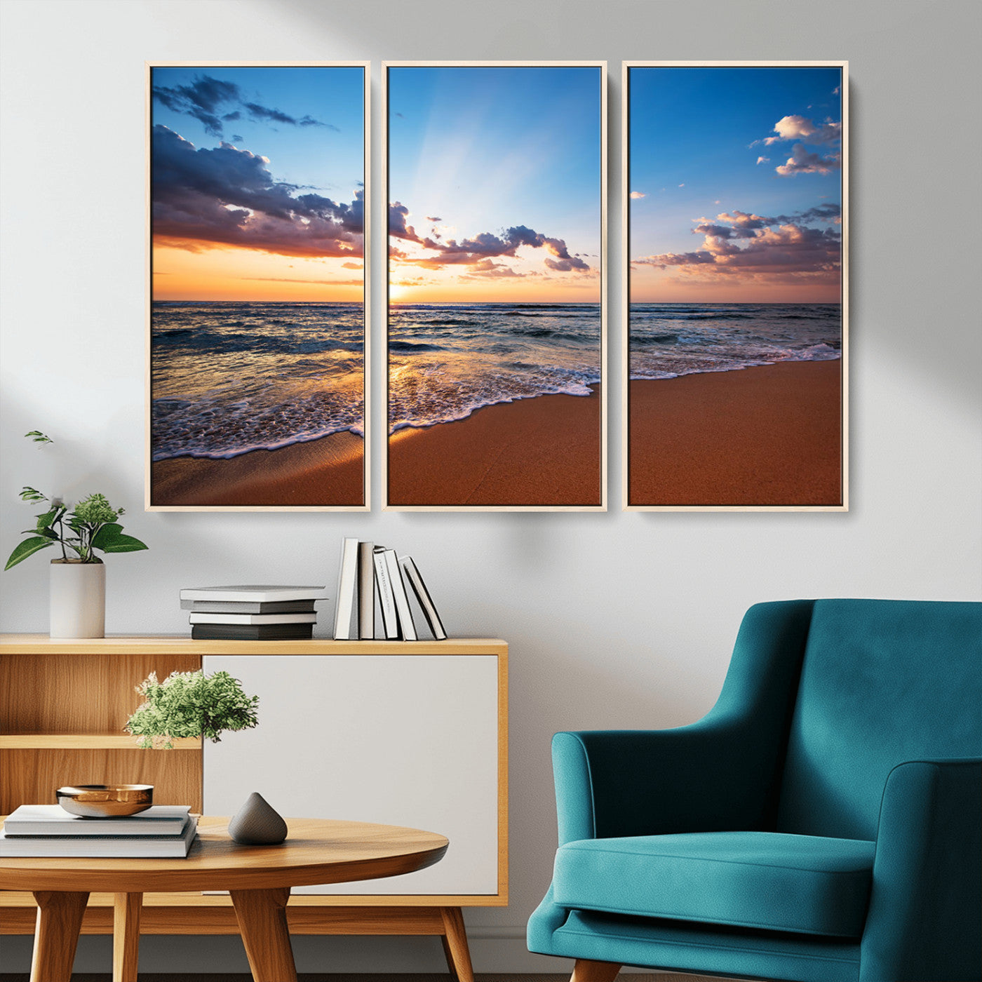 MGV-FC-48X32-3P - Golden Hour Beach Sunset Wall Art | Canvas Print | Ready to Hang | Coastal Wall Art for Living Room