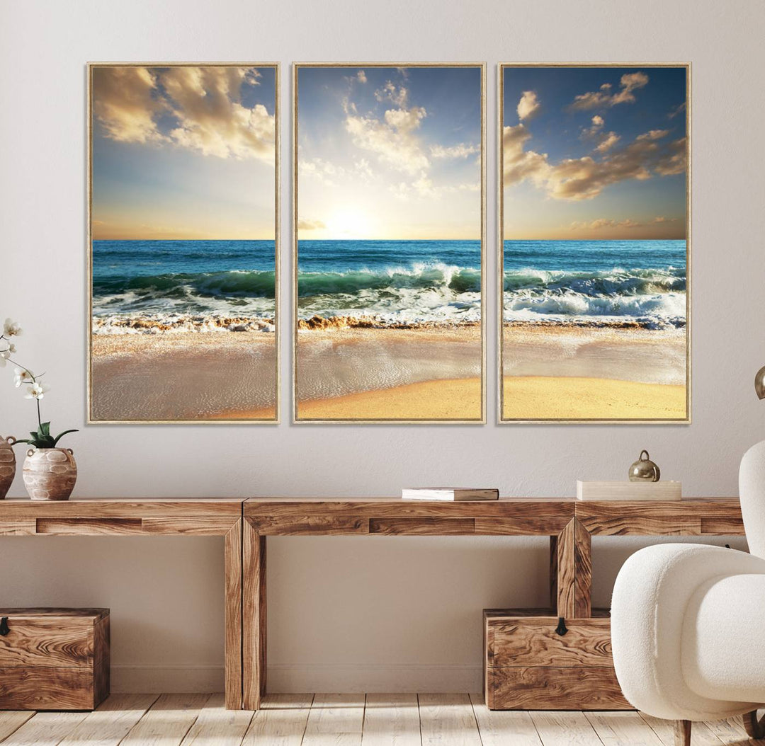 A Golden Sunset Beach triptych adorns the wall.