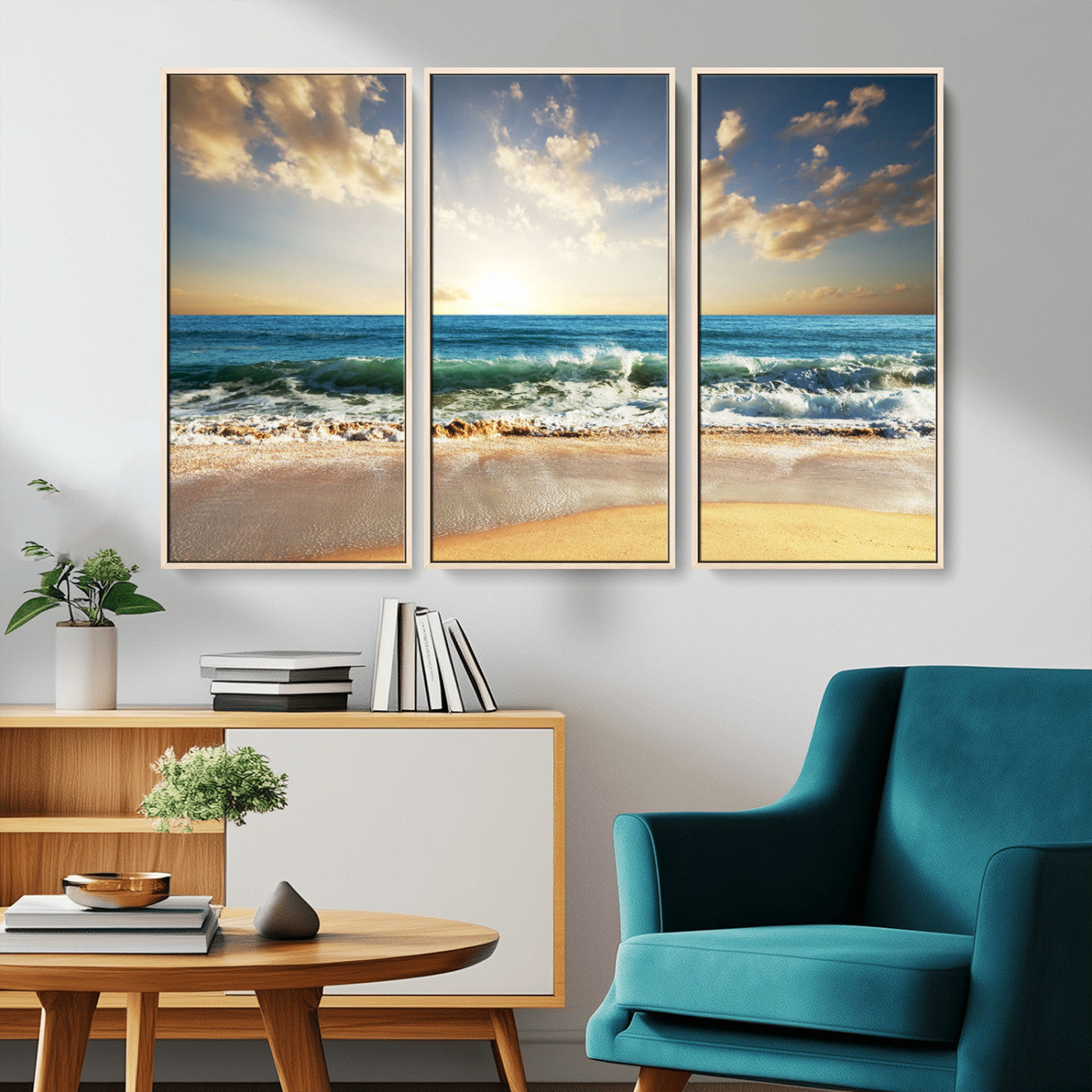 MGV-FC-48X32-3P - Golden Sunset Beach Triptych Canvas Wall Art for Living Room – 3-Panel Ocean View, Framed & Ready to