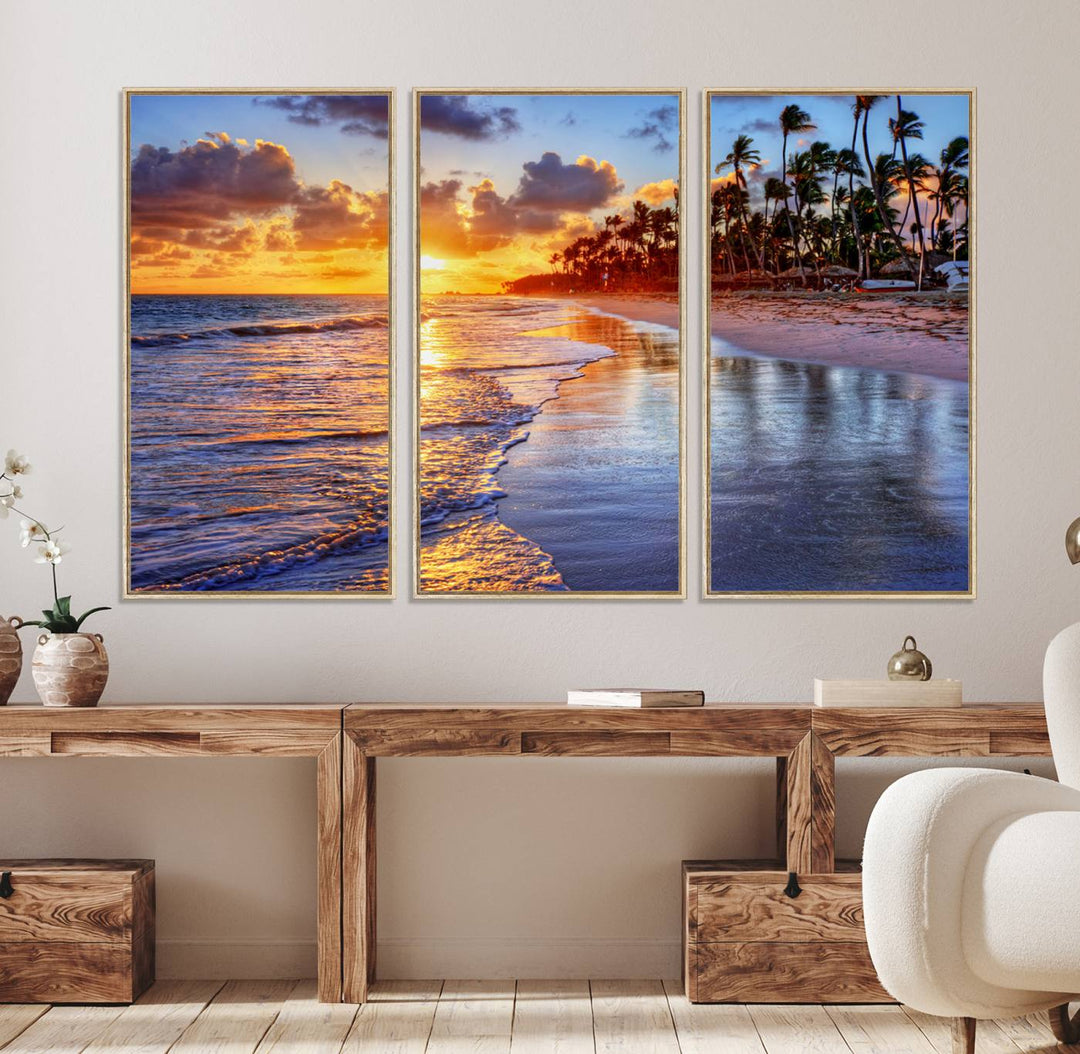 Serene Beach Sunset Wall Art Canvas featuring ocean waves hangs prominently.