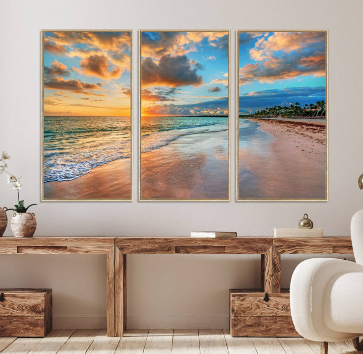 The Serene Beach Sunset Wall Art captures waves gently on the sandy shore.