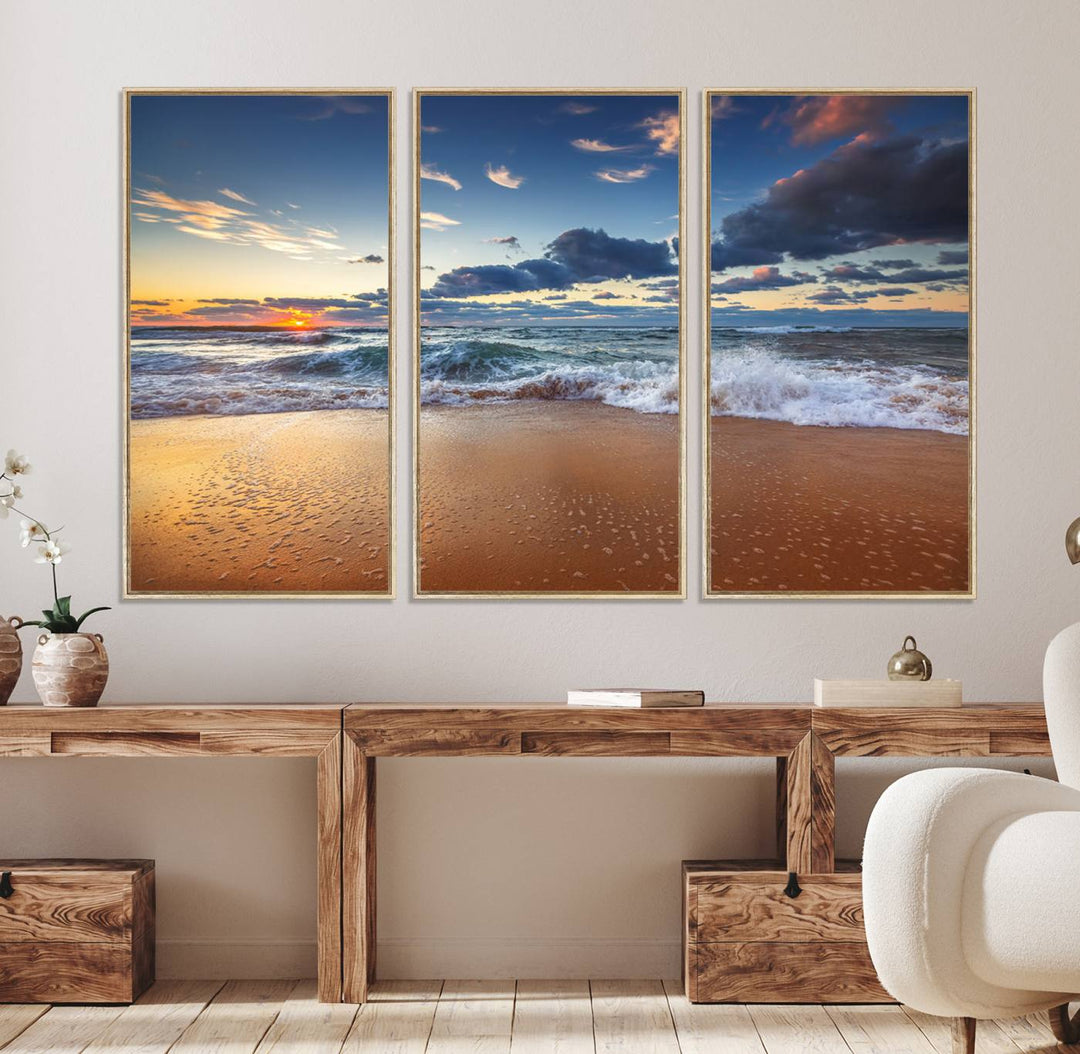 A Beach Canvas Wall Art depicting ocean waves and a tranquil sunset hangs above, capturing the serene beauty of coastal scenery.