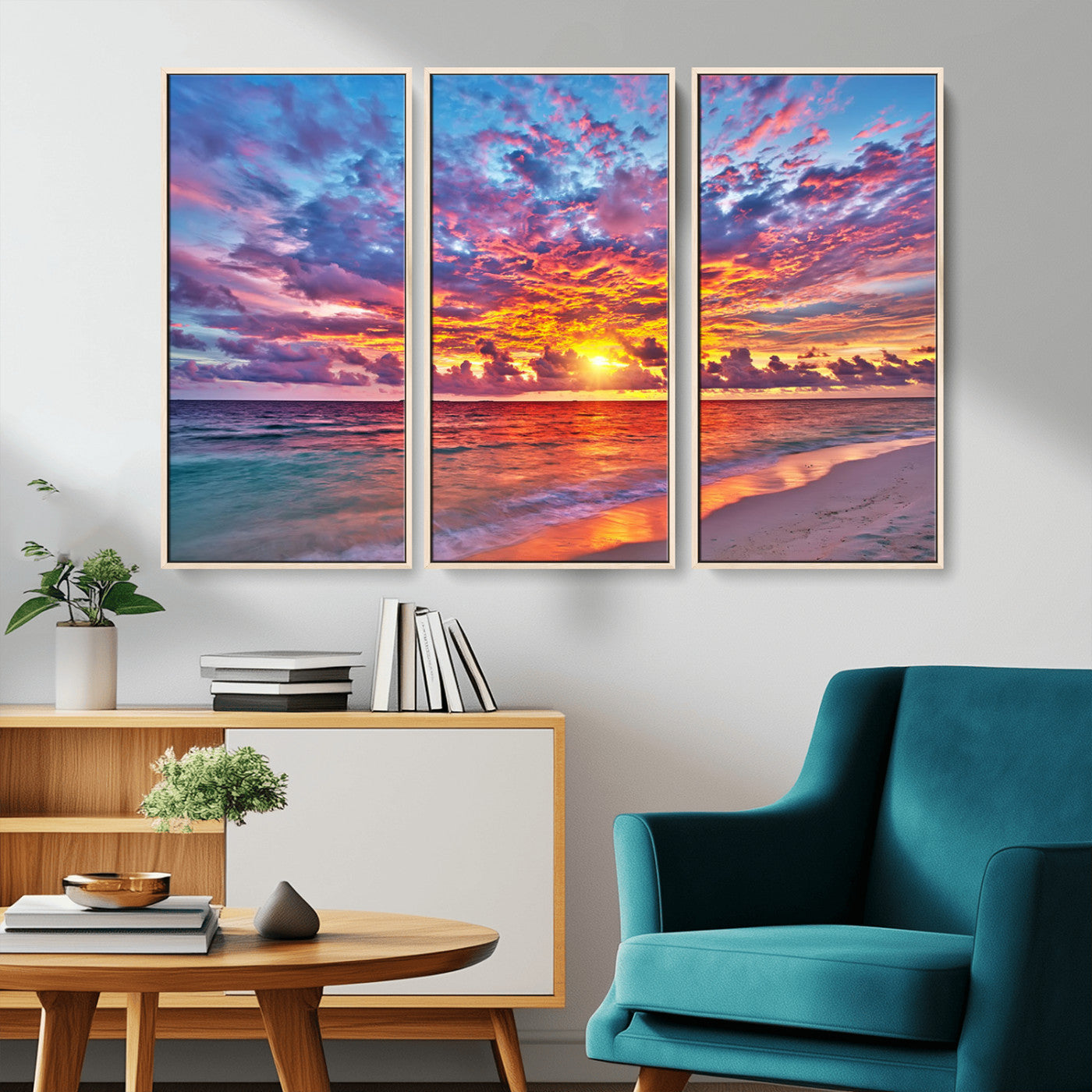 MGV-FC-48X32-3P - Vibrant Sunset Beach Wall Art - Ocean Sunset Canvas Print | Coastal Wall Art Decor Stunning Sunset