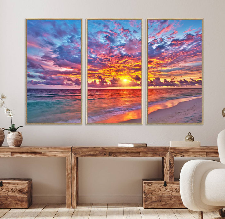 The Vibrant Sunset Beach Wall Art hangs prominently on the wall.