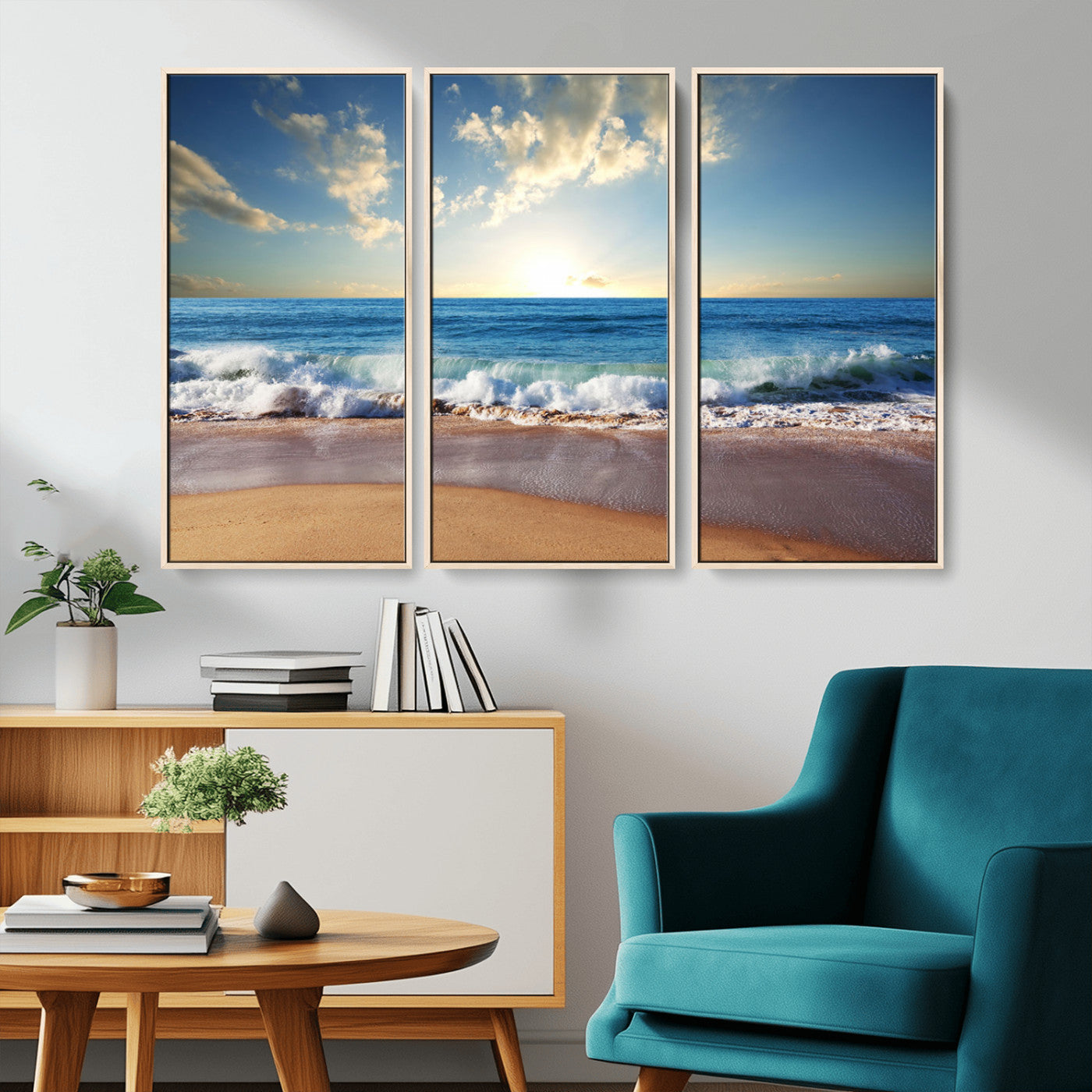 MGV-FC-48X32-3P - Serene Ocean Sunset Canvas Wall Art - Beach Waves at Sunset, Ready to Hang