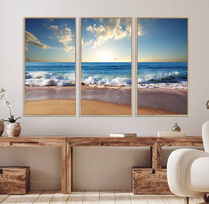 Serene Ocean Sunset Canvas Wall Art with beach waves at sunset.