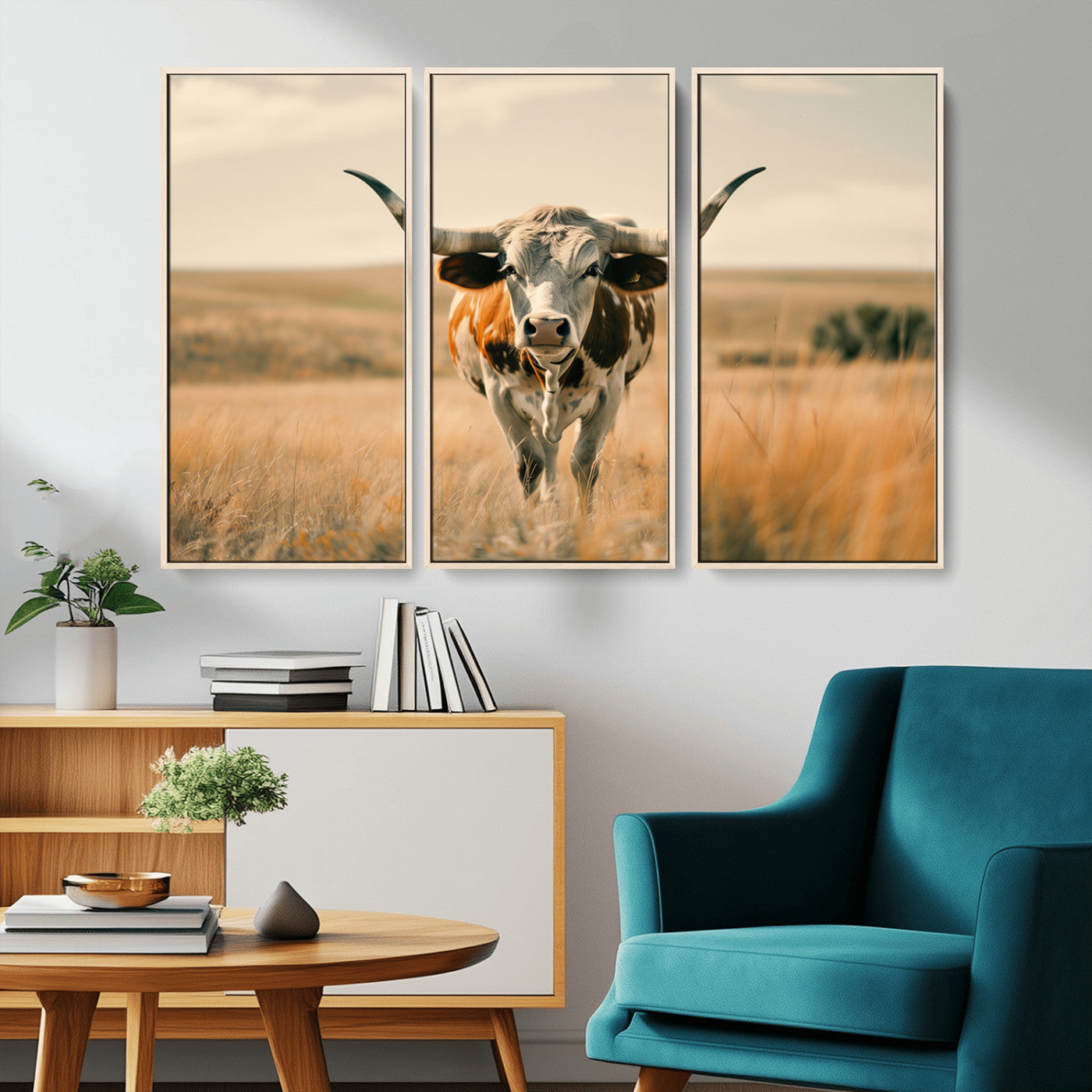 MGV-FC-48X32-3P - Texas Cow Wall Art Canvas Print for Farm House Wall Decor, Farmhouse Wall Art Print