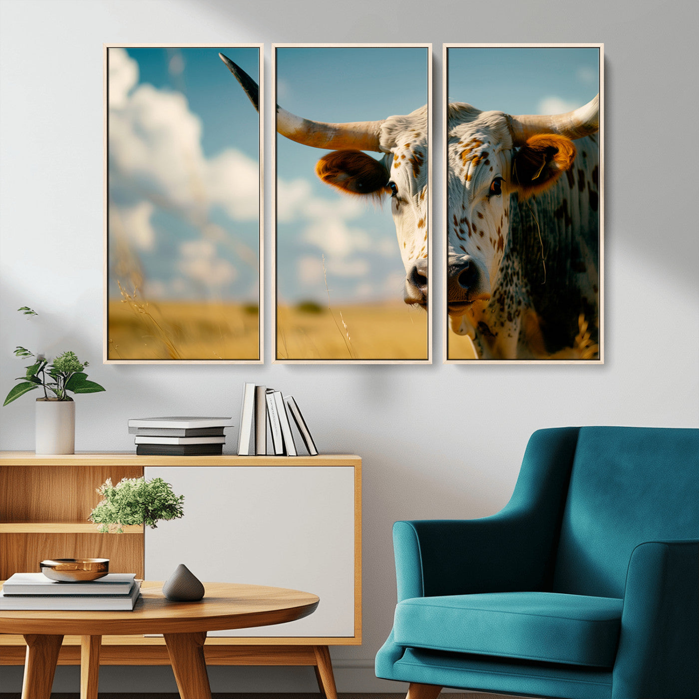 MGV-FC-48X32-3P - Longhorn in the Prairie - Stunning Ranch-Style Triptych Wall Art for Western Home Decor, Cowboy Wall
