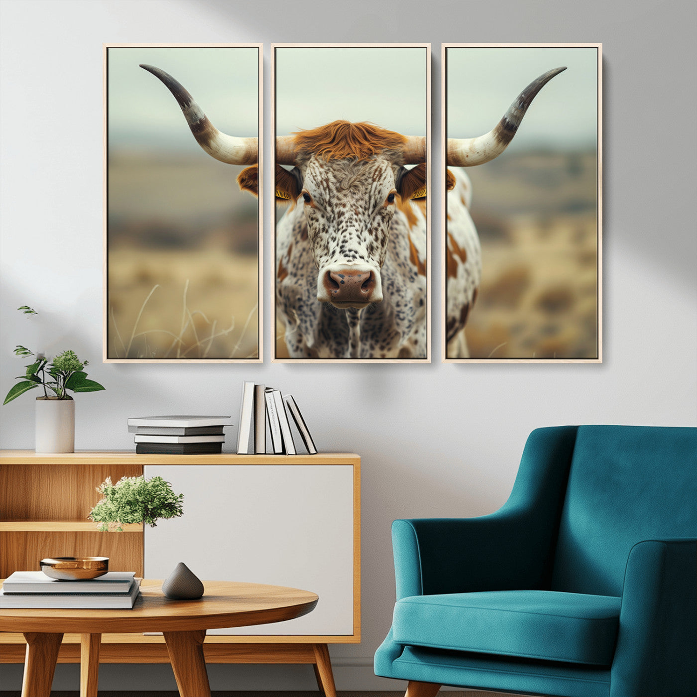 MGV-FC-48X32-3P - Texas Cow Longhorn Wall Art Canvas Print for Farm House Wall Decor, Farmhouse Wall Art Print