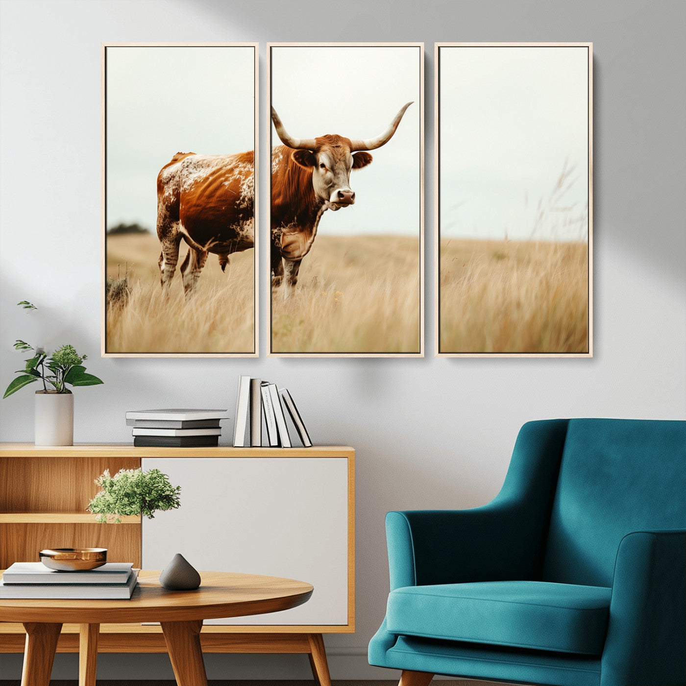 MGV-FC-48X32-3P - Texas Longhorn Canvas Wall Art Print – Majestic Western Cattle in Rustic Farmhouse Decor – Cow Wall