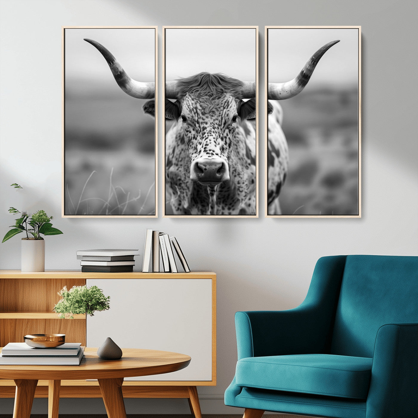 MGV-FC-48X32-3P - Texas Cow Longhorn Wall Art Canvas Print for Farm House Wall Decor, Farmhouse Wall Art Print