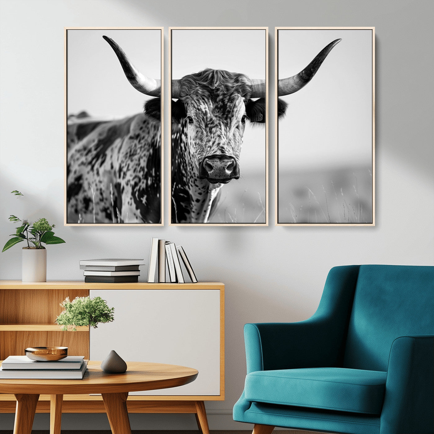 MGV-FC-48X32-3P - Texas Highland Cow Longhorn Canvas Print - Rustic Farmhouse Wall Art - Large Texas Longhorn
