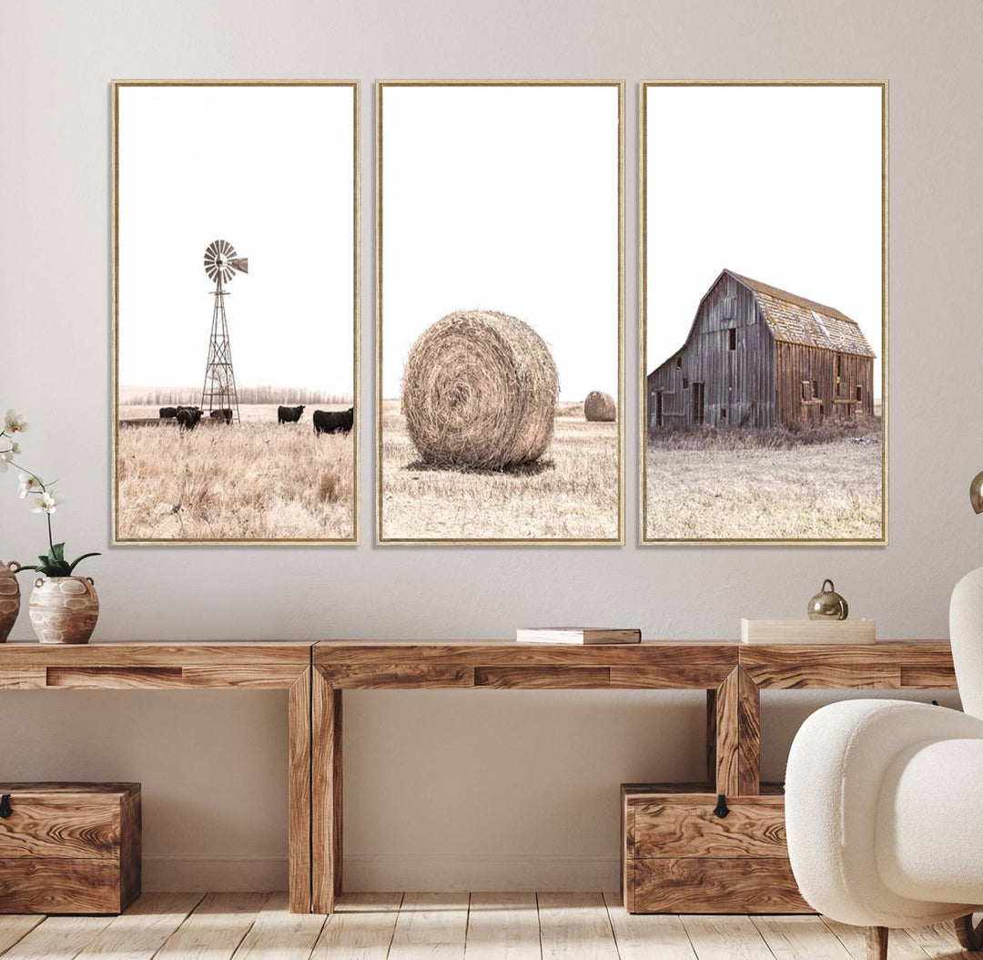 Above the couch, a Rustic Farmhouse Wall Art set depicts a barn and wheat field.