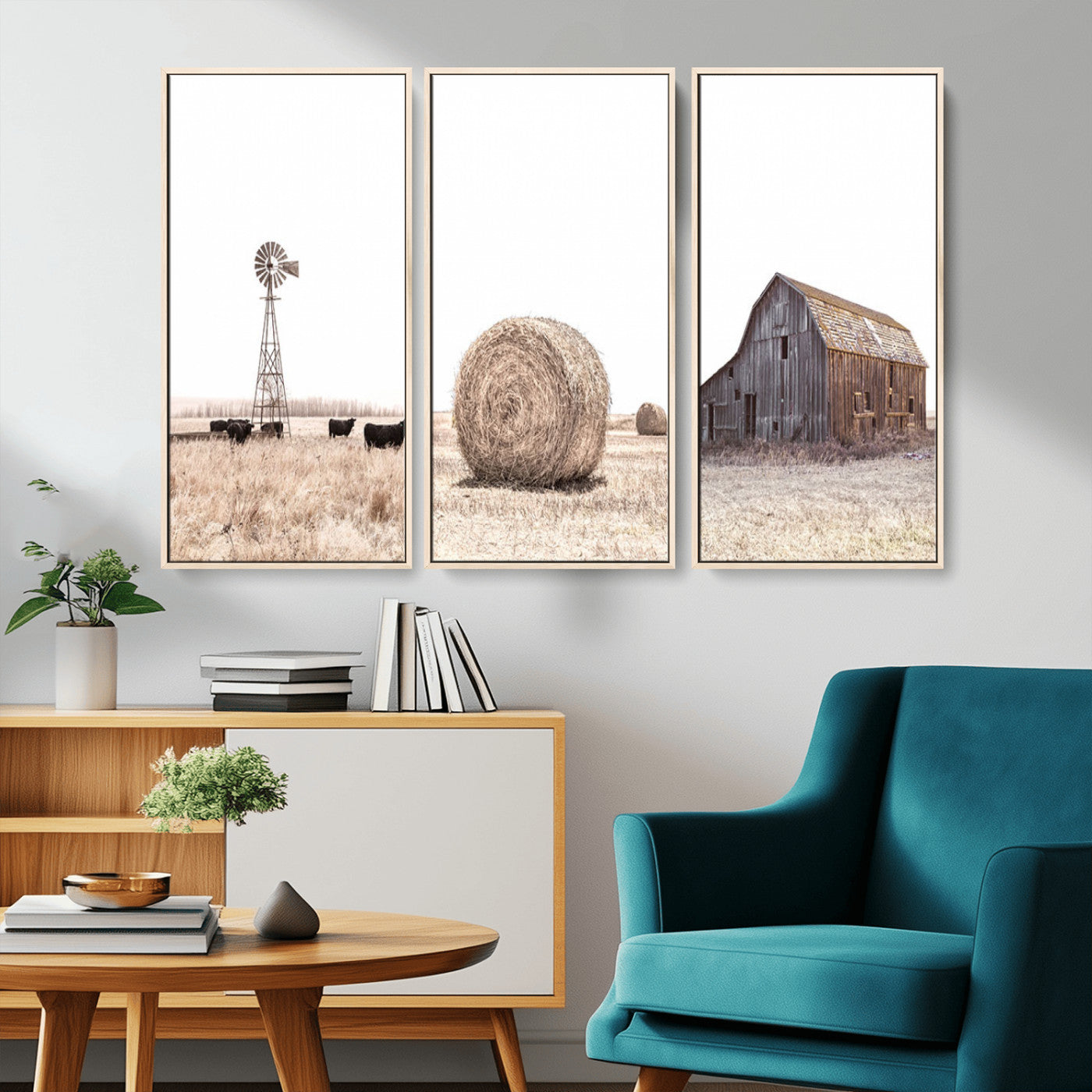 MGV-FC-48X32-3P - Rustic Farmhouse Wall Art Set of 3 – Country Barn and Wheat Field | Farm Prints for Country Home and