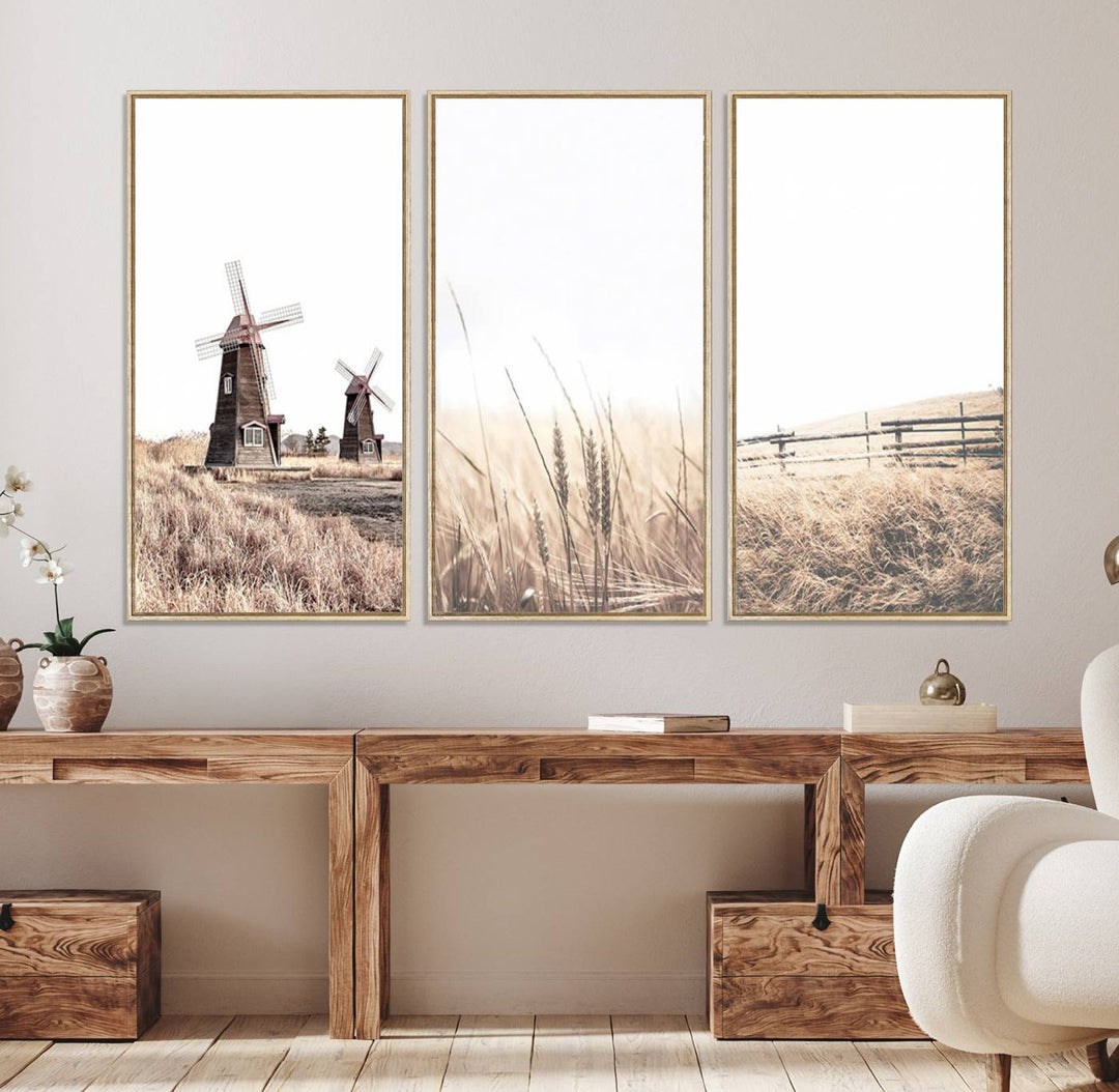 Farmhouse wall art set: 3 giclee canvas prints featuring windmills and wheat fields.