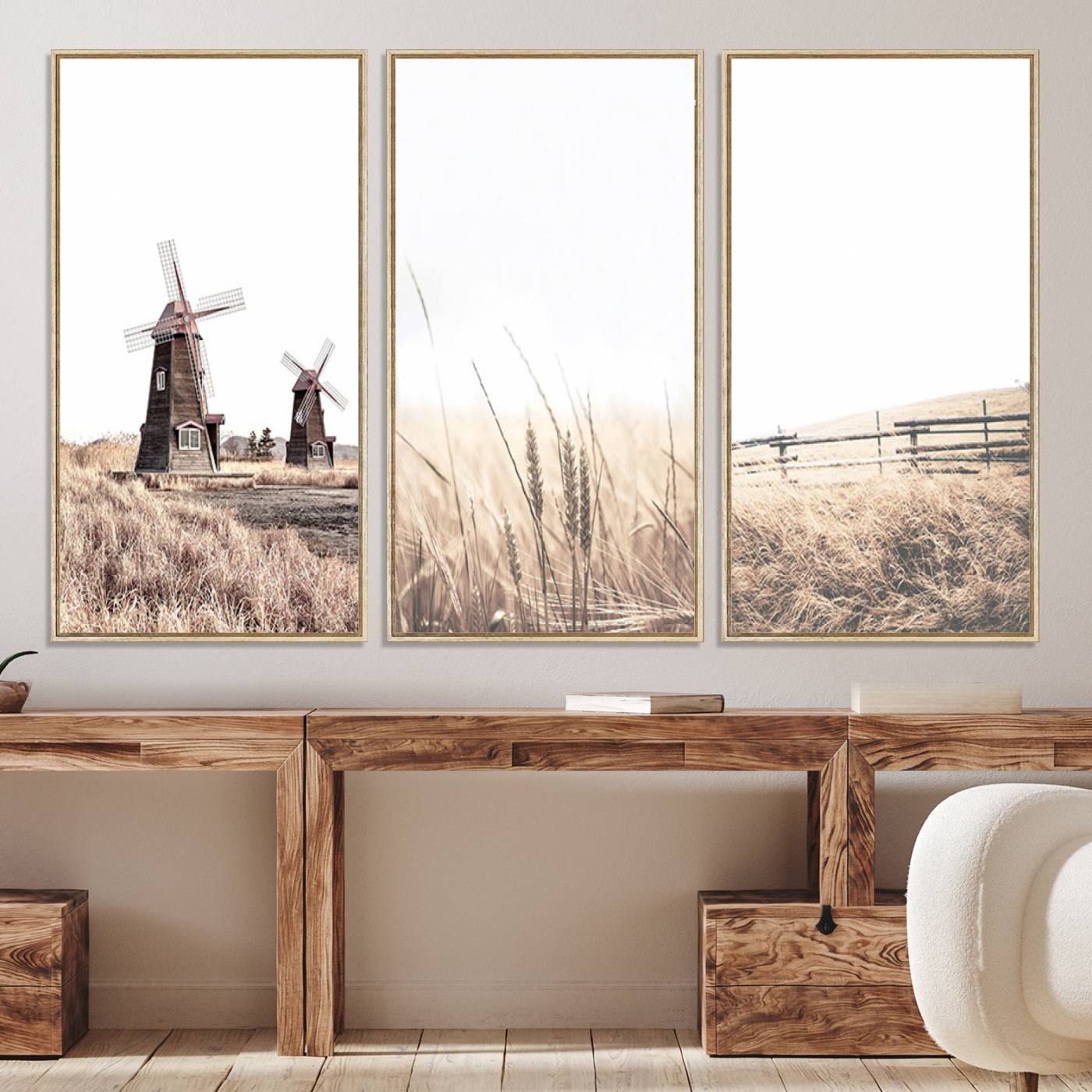 56649-MGV-CV-60X30-3P-Farm Prints Set, Farmhouse Wall Art Canvas, Country House Decor, Country House Decor, Barn Print, Wheat Print