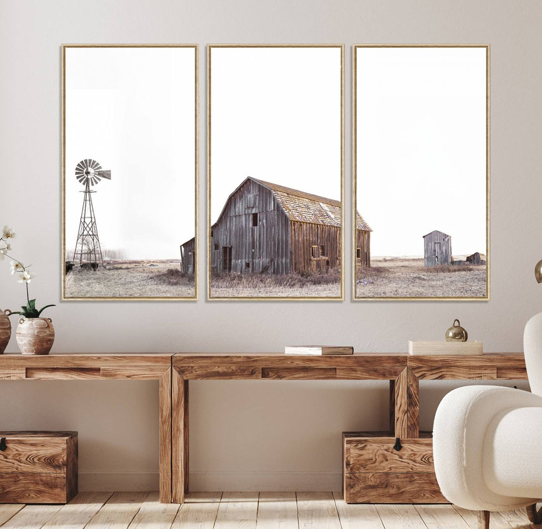 The Set of 3 Rustic Farmhouse Wall Art Prints features a barn, wheat field, and landscape.