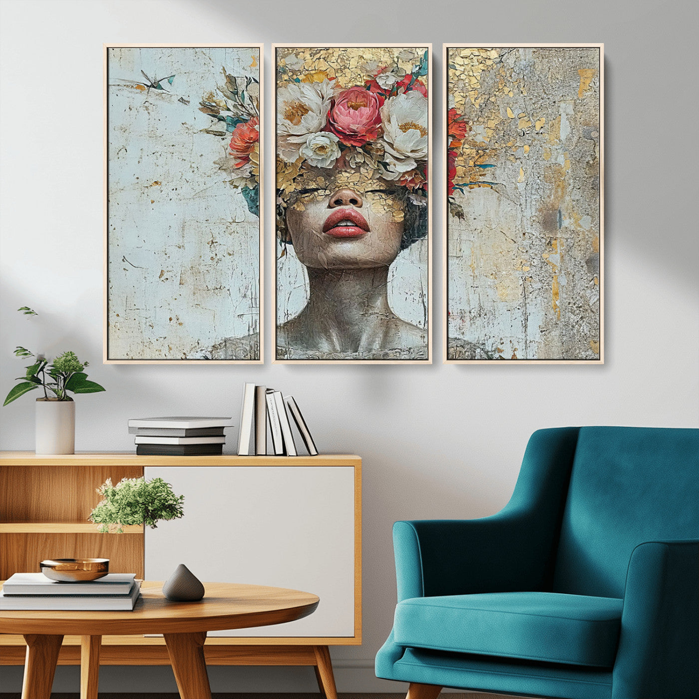 MGV-FC-48X32-3P - Golden Petal Wall Art Canvas Print - Silhouette Woman Wall Art Canvas Print, Floral Woman Portrait