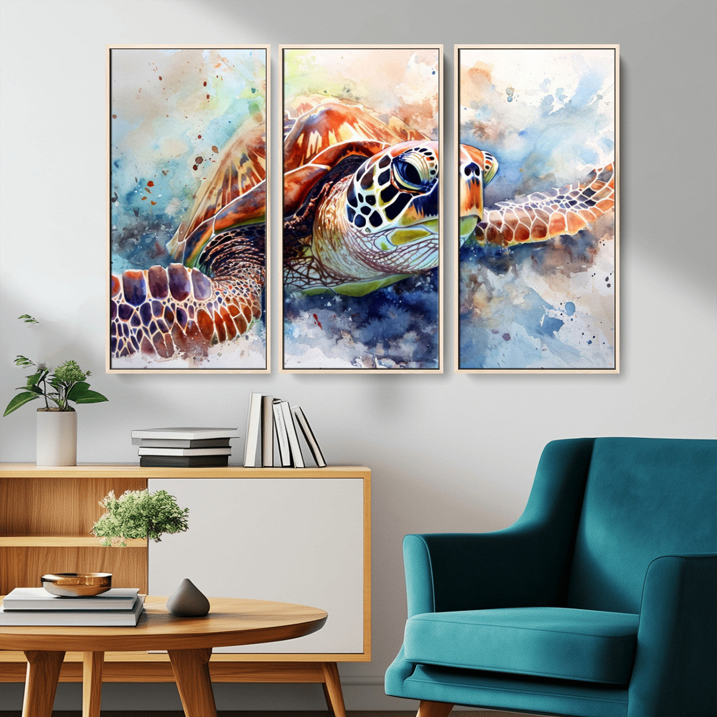 MGV-FC-48X32-3P - Watercolor Sea Turtle Wall Art Canvas Print - Vibrant Ocean Colors in Watercolor Style - Ready to