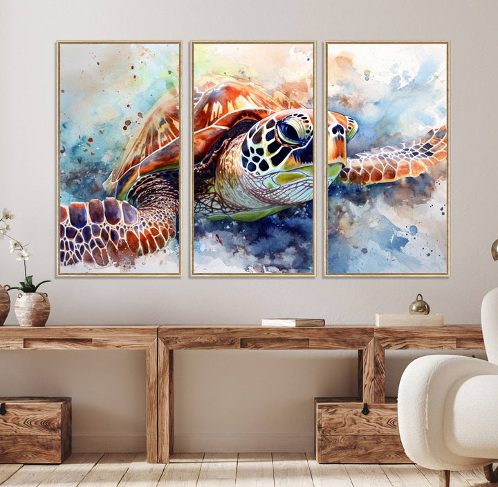 A Watercolor Sea Turtle Canvas Print with vibrant ocean colors adorns the wall.