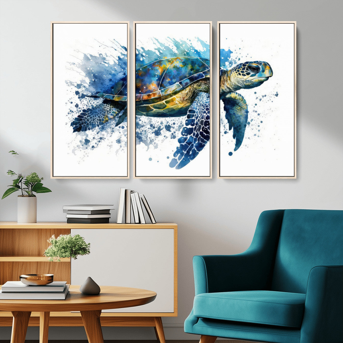 MGV-FC-48X32-3P - Turtle Wall Art Canvas Print, Framed Watercolor Turtle Art Picture Print, Ocean Life Perfect Nautical Decor Artwork
