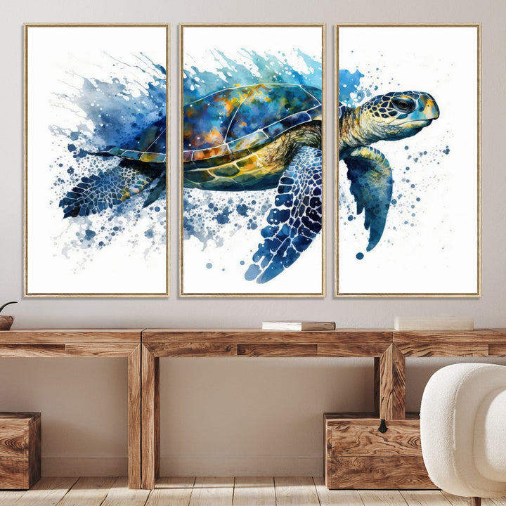 The Turtle Wall Art Print, featuring blue splashes, beautifully showcases Ocean Life.