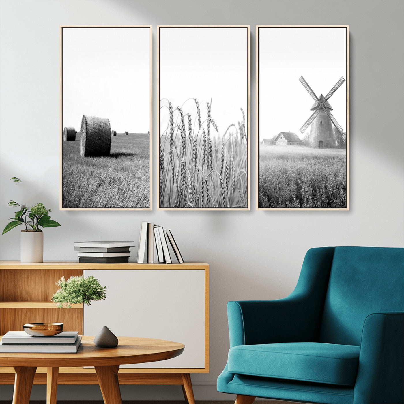 MGV-FC-48X32-3P - Vintage Farmhouse Black and White Triptych Wall Art – Giclee Canvas Featuring Wheat Fields, Hay