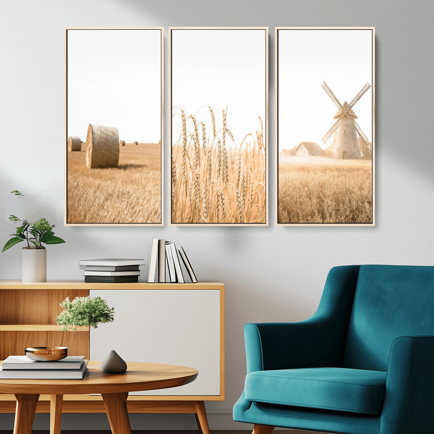 MGV-FC-48X32-3P - Vintage Farmhouse Triptych Wall Art – Giclée Canvas Featuring Wheat Fields, Hay Bales, and a