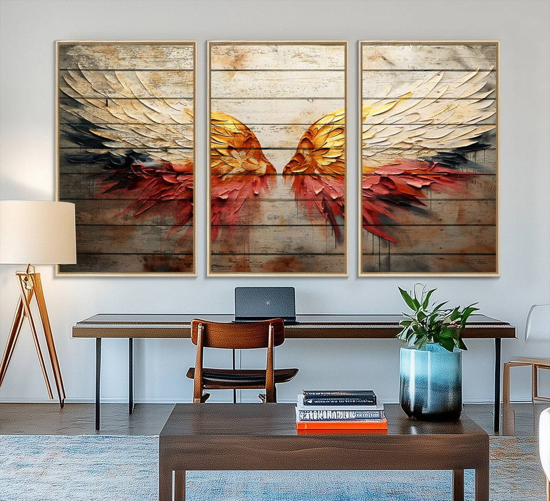 Abstract Angel Wings Canvas Art on a wooden backdrop.