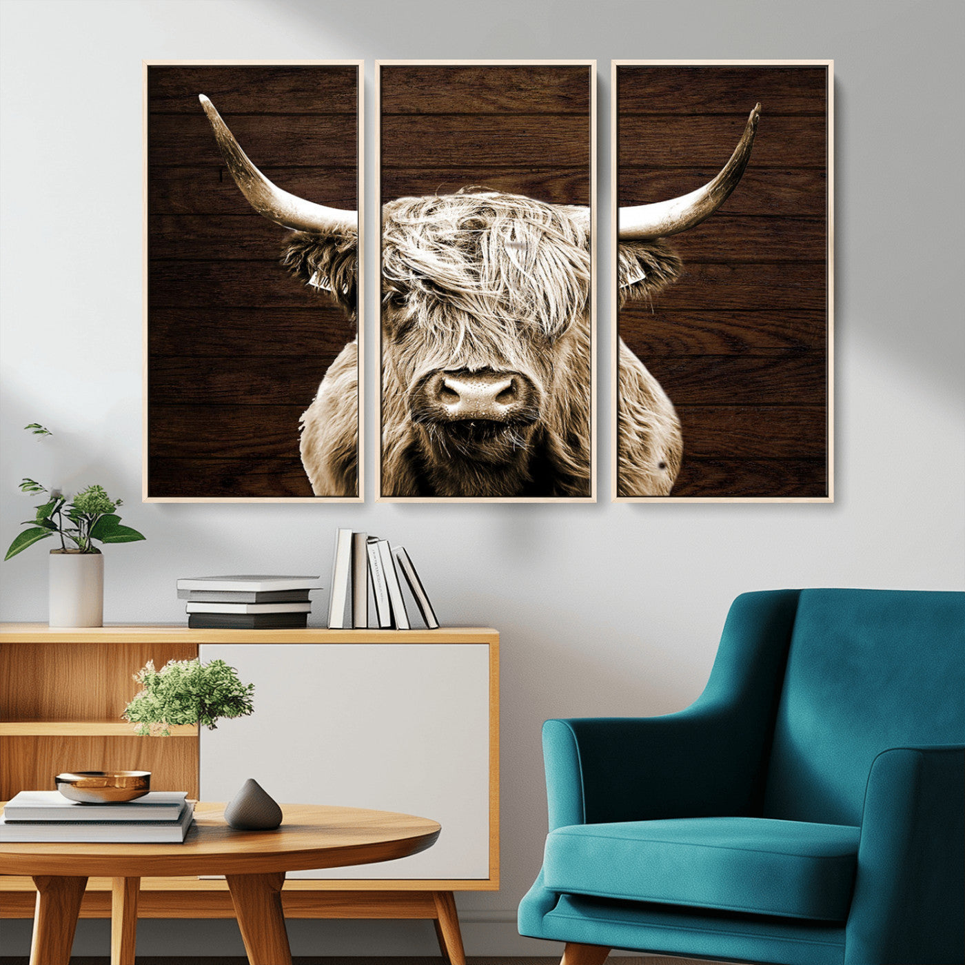 MGV-FC-48X32-3P - Highland Cow Wall Art Canvas Print, Rustic Farmhouse Decor, Majestic Scottish Highland Bull Portrait