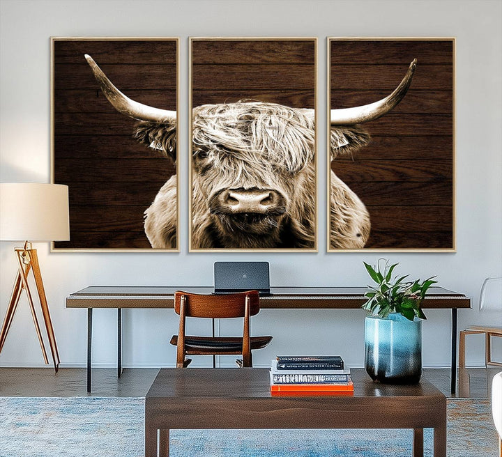 Highland Cow Wall Art Canvas Print: Majestic Scottish bull on rustic decor, ready to hang.