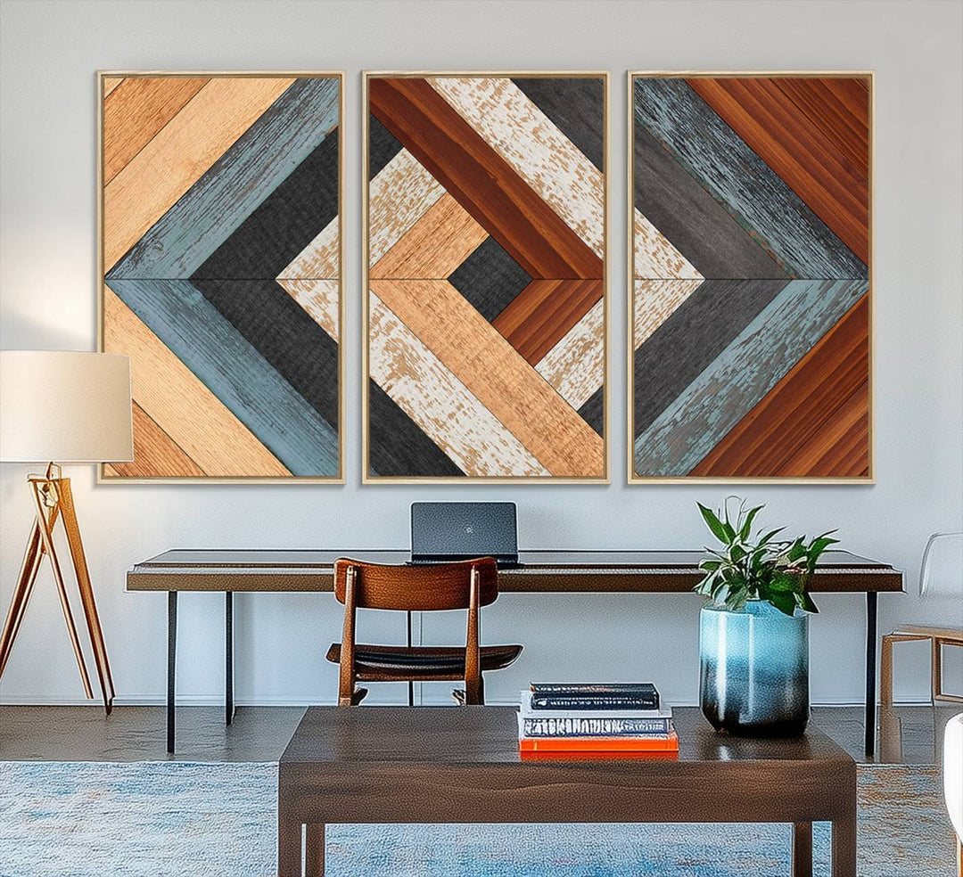 A Geometric Wood Art Wall Decor with a rustic pattern hangs prominently.