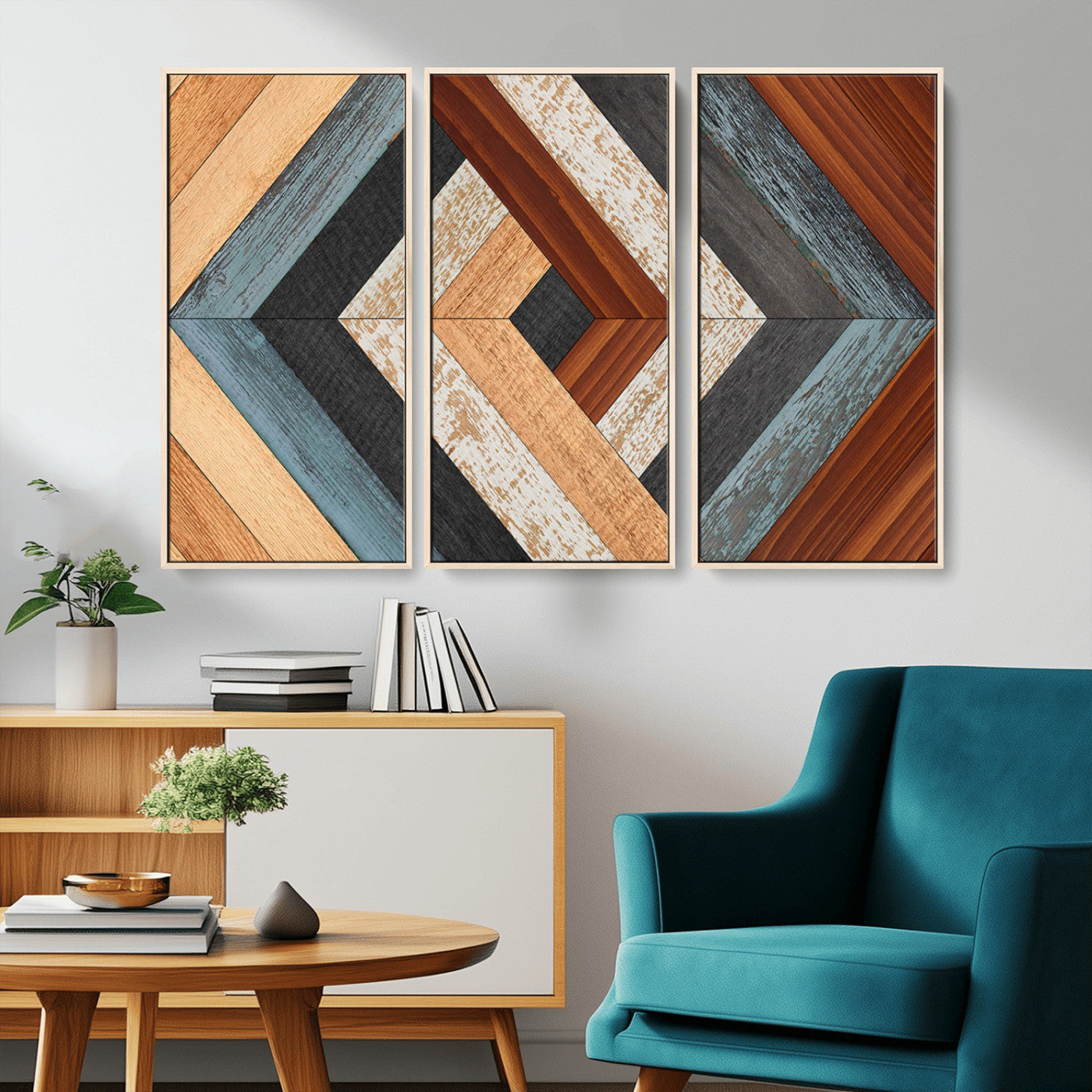 MGV-FC-48X32-3P - Geometric Wood Art Wall Decor Canvas Print, Rustic Wooden Pattern Triptych Wall Art for Living Room