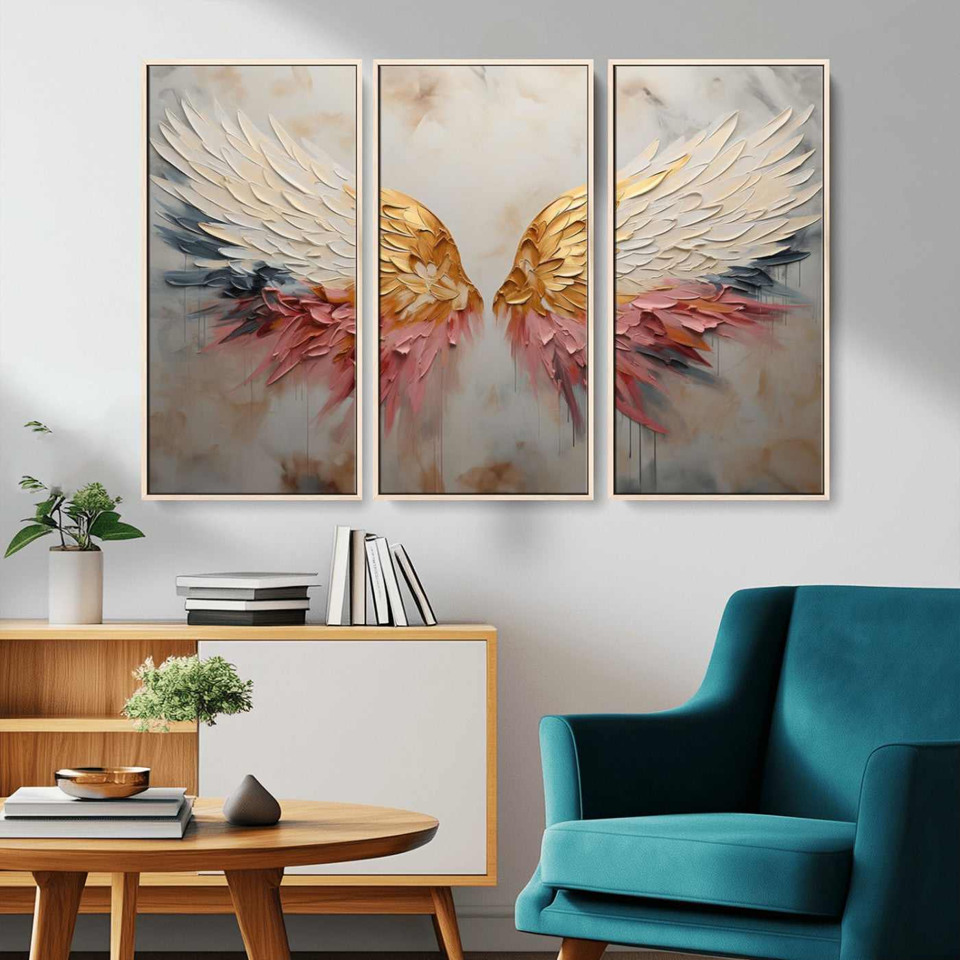 MGV-FC-48X32-3P - Golden Angel Wings Wall Art Canvas Print – Stunning Abstract Winged Art for Elegant Home Decor –