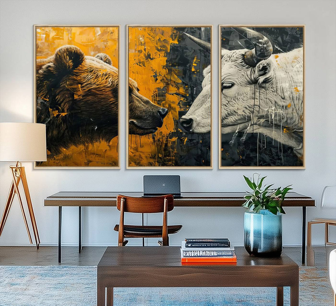 The Bear and Bull Wall Art Canvas Print adorns the wall.