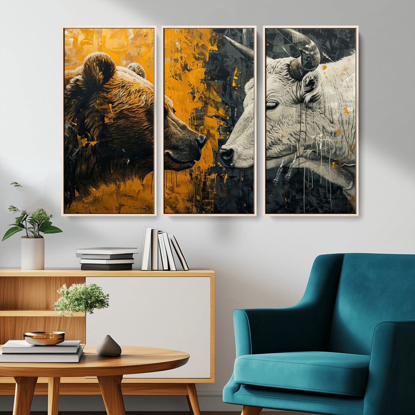 MGV-FC-48X32-3P - Bear and Bull Wall Art Canvas Print – Abstract Animal Portrait Painting for Modern Home Decor –